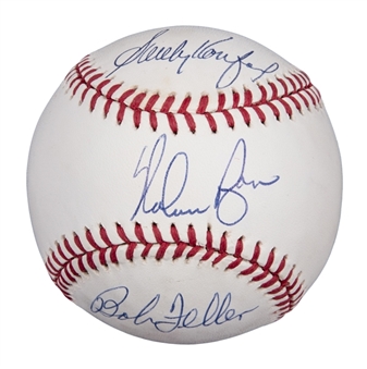 Sandy Koufax, Nolan Ryan, & Bob Feller Multi Signed OAL Brown Baseball (JSA)